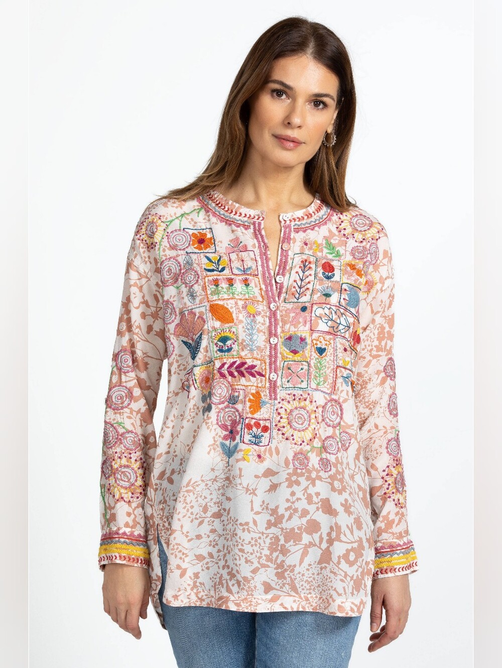 Johnny Was Biya Zinnia Embroidered Silk Tunic Medium